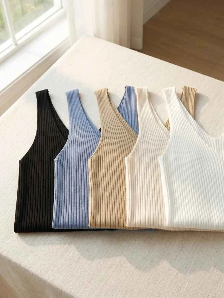 Ice Silk Knit Camisole Tank Top – Slim Fit V-Neck Sleeveless Top for Women