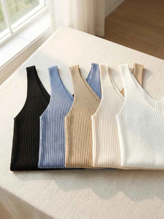 Ice Silk Knit Camisole Tank Top – Slim Fit V-Neck Sleeveless Top for Women