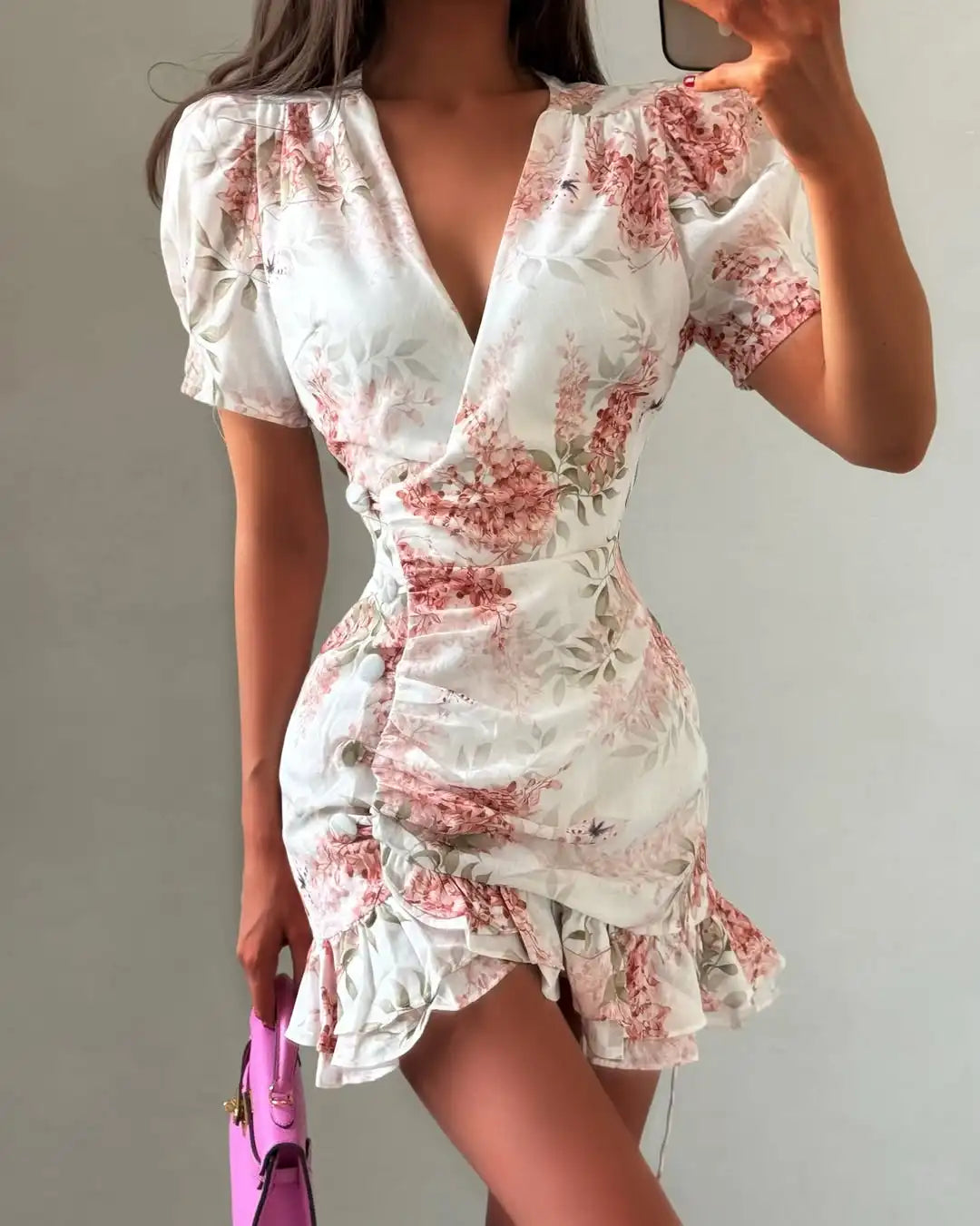 Floral V-Neck Ruffle Dress — Cinched Waist Layered Short Sleeve Dress