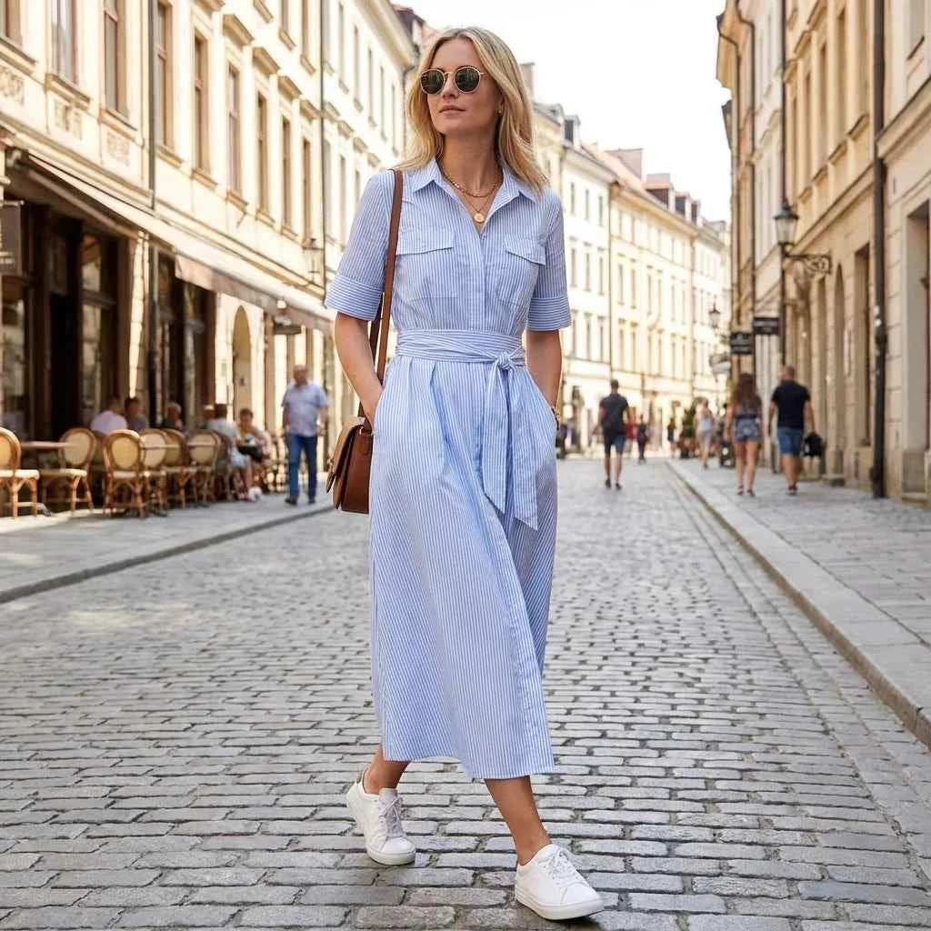 Casual Shirt Dress Women's Versatile Summer New Style Summer 2025 Chiffon High Waist A-Line Skirt Short Sleeve Loose Fit Sing...
